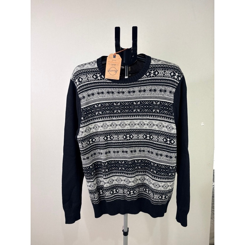 Weatherproof Vintage Mens Black White Fair Isle Holiday Cotton Sweater